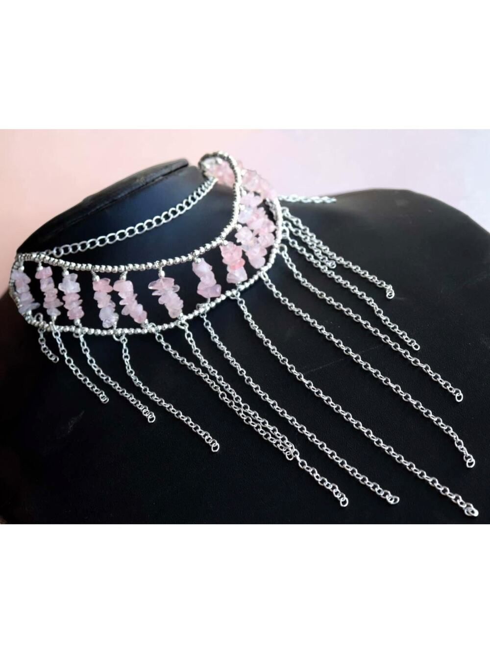Rose Quartz Fringe Choker Necklace 925 Silver Plated